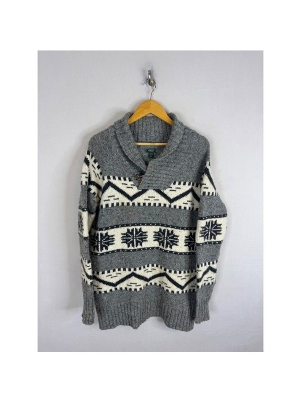 Roots Canada Mens XL Grey Donegal Fair Isle Shawl Collar Toggle Sweater